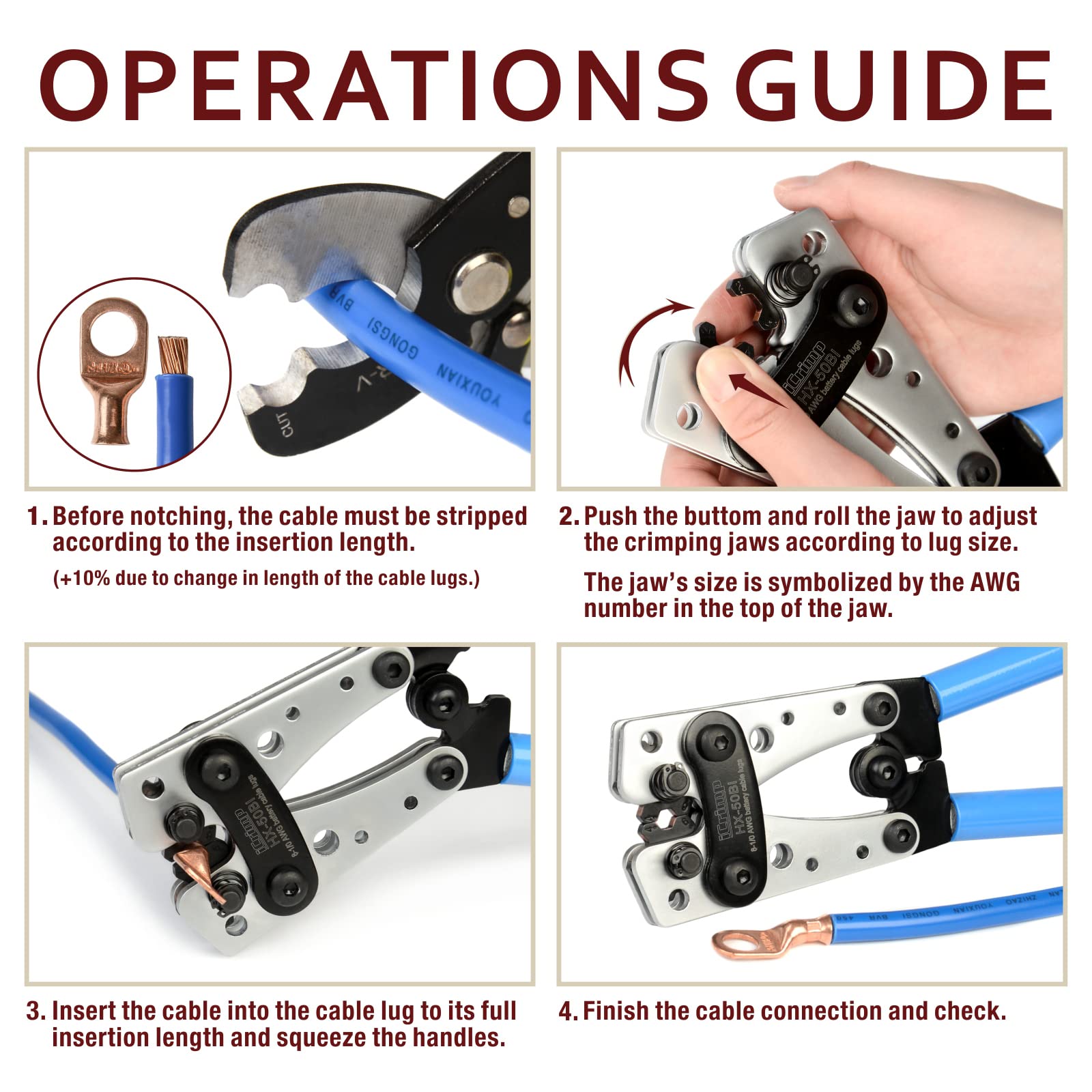 iCrimp Cable Lug Crimping Tool for Heavy Duty Wire Lugs, Battery Terminal, Copper Lugs AWG 8-1/0