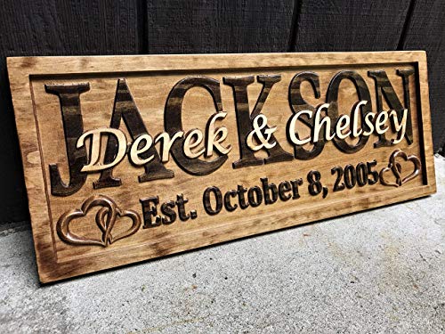 Personalized Wedding Gift Last Name Established Sign Family Name Signs Custom Wood Sign Carved Wood Decor 3D Hearts Couples Sign 5 Year Anniversary Gift