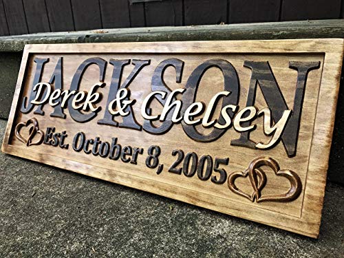 Personalized Wedding Gift Last Name Established Sign Family Name Signs Custom Wood Sign Carved Wood Decor 3D Hearts Couples Sign 5 Year Anniversary Gift