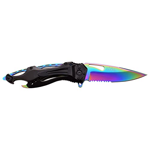 MTech USA MT-705RB Folding Knife, Rainbow Half-Serrated Blade, Black Handle, 4.5-Inch Closed