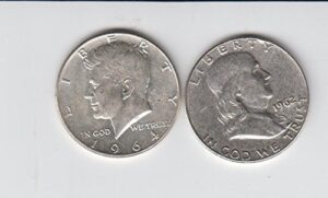 franklin kennedy half dollars (2) coins both 90% silver xf-au- kennedy half will always be 1964, franklin date will varie xf-40