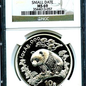 1997 China 1 OZ Silver Panda SMALL DATE 10 YN .999 Fine S10Y Chinese MS69 NGC