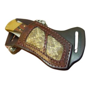buck 110 rattlesnake right-hand cross draw knife sheath. the sheath is made out of 10 ounce water buffalo leather and a rattlesnake insert. it is made to wear on your left-side and drawn with your right hand the sheath is dyed dark brown. sheath only the