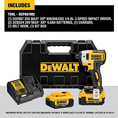 DEWALT 20V MAX* XR Impact Driver Kit, Brushless, 3-Speed, 1/4-Inch, 4.0-Ah (DCF887M2)