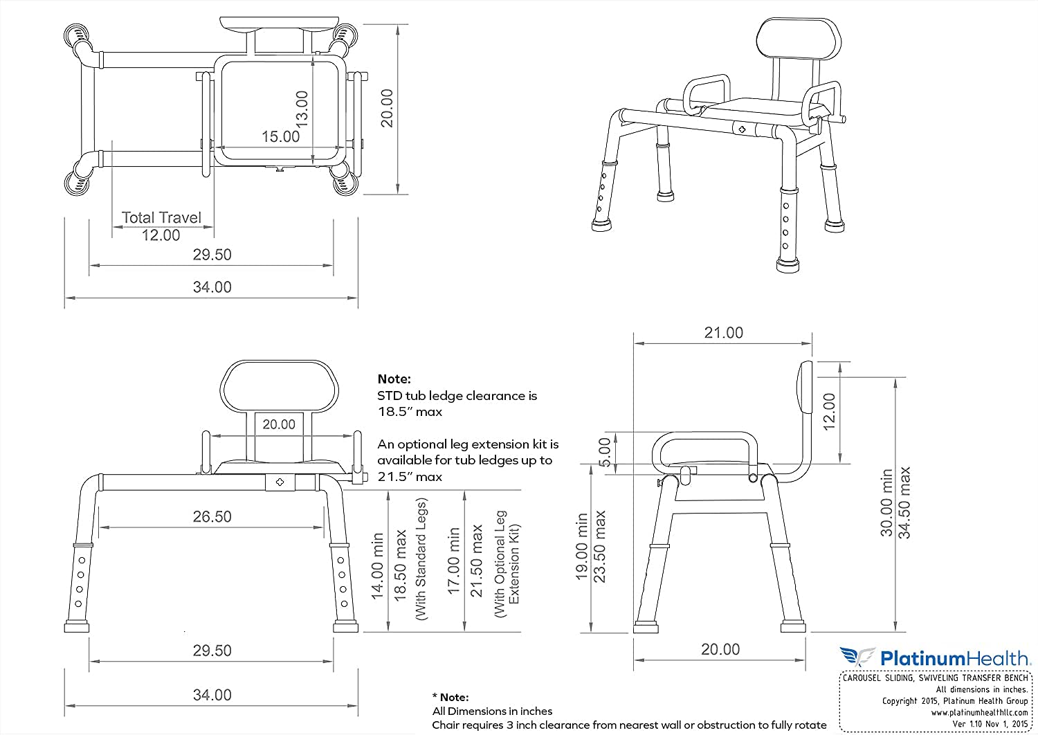 Carousel Sliding Shower Chair Tub Transfer Bench with Swivel Seat, Premium Padded Bath, with Pivoting Arms, Adjustable Space Saving Design for Tubs, Inside Shower, for Handicap & Seniors, Blue