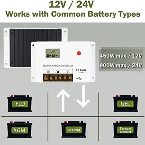 HQST 100W 12V Monocrystalline Solar Panel Kit w/ 30A PWM LCD Solar Charge Controller, 20Ft 12AWG Panel and Controller Connector Cables, Z-Brackets, 8Ft 10AWG Controller and Battery Connector Cables