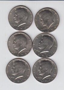 1977 kennedy half dollars (6) coins total- 1977 p&d, 1978 p&d, 1979 p&d- circulated about uncirculated detials
