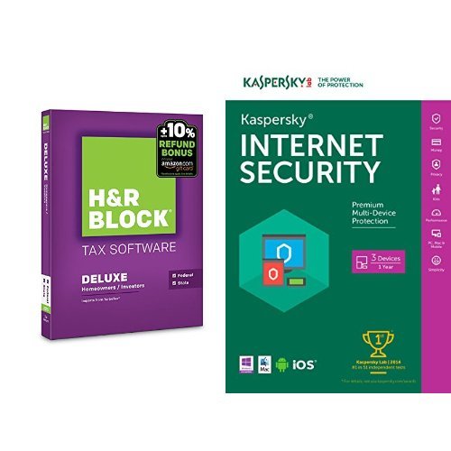 H&R Block 2015 Deluxe + State Tax Software + Refund Bonus Offer - PC/Mac Disc and Kaspersky Internet Security 2016 - 3 Devices - Download