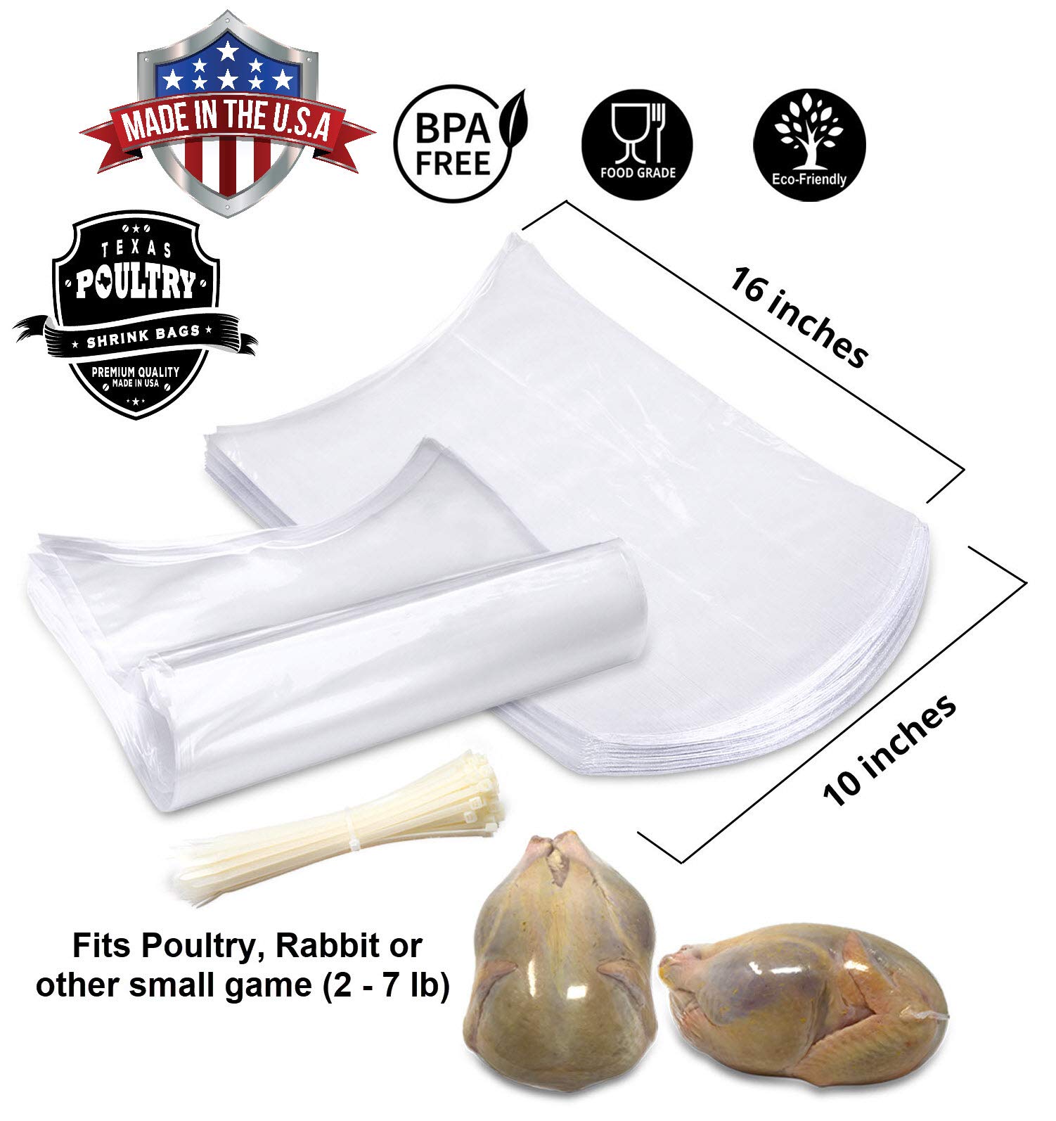 Poultry Shrink Bags - 50 Clear 10" x 16" for Whole Chickens or Rabbits w/ 50 zip ties included / 2.5 Mil/Freezer Safe/Commercial Grade/BPA/BPS Free