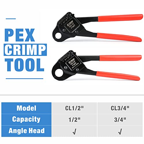 iCrimp Angle PEX Crimping Tool for 1/2-inch & 3/4-inch PEX Copper Crimp Rings and Barbed PEX Fitting, c/w PEX Tubing Cutter & Go/No-Go Gauge, Meets ASTM F1807 Standard PEX PlumbingTool