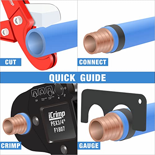 iCrimp Angle PEX Crimping Tool for 1/2-inch & 3/4-inch PEX Copper Crimp Rings and Barbed PEX Fitting, c/w PEX Tubing Cutter & Go/No-Go Gauge, Meets ASTM F1807 Standard PEX PlumbingTool