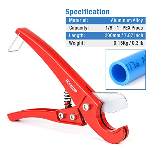 iCrimp Angle PEX Crimping Tool for 1/2-inch & 3/4-inch PEX Copper Crimp Rings and Barbed PEX Fitting, c/w PEX Tubing Cutter & Go/No-Go Gauge, Meets ASTM F1807 Standard PEX PlumbingTool