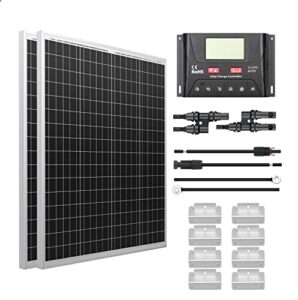 hqst 200w polycrystalline solar panel kit-2 100w panels+30a pwm controller+2 sets z bracket+20ft 12awg pv cable+8ft 10awg tray cable+1 pair t/y connector for rv marine boat trailer off grid system