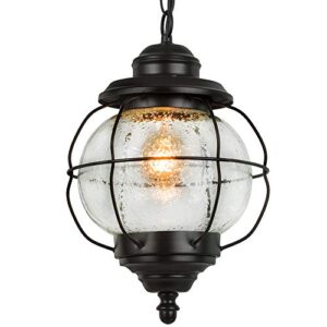 LALUZ Outdoor Pendant Lights, Farmhouse Ceiling Hanging Porch Fixture in Black Metal with Clear Bubbled Glass Globe in Iron Cage Frame, Exterior Lantern for Gazebo, Entryway, Patio