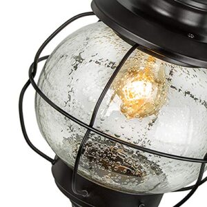 LALUZ Outdoor Pendant Lights, Farmhouse Ceiling Hanging Porch Fixture in Black Metal with Clear Bubbled Glass Globe in Iron Cage Frame, Exterior Lantern for Gazebo, Entryway, Patio