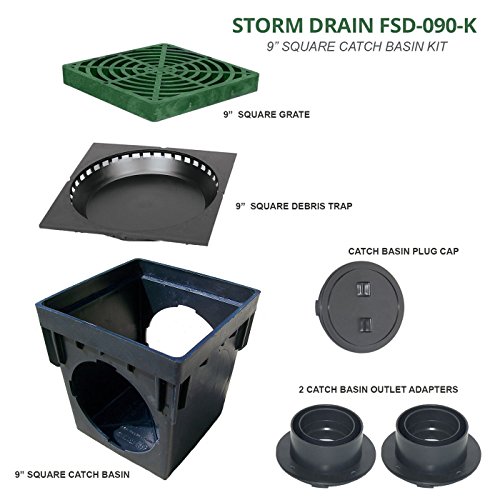 Storm Drain 9-in. Square Catch Basin Yard Drainage Kit with Debris Trap Green Grate