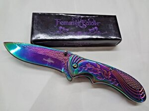 femme fatale ladies' pocket knife "every rose has a thorn"- rainbow