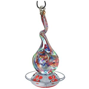 gnarly hummingbird feeder by grateful gnome - large hand blown stained glass feeder for garden, patio, outdoors, window with accessories s-hook, ant moat, brush - 16 fl oz, gnarly rainbow design