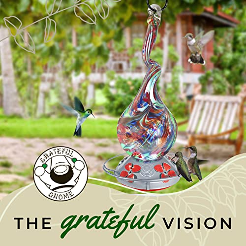 Gnarly Hummingbird Feeder by Grateful Gnome - Large Hand Blown Stained Glass Feeder for Garden, Patio, Outdoors, Window with Accessories S-Hook, Ant Moat, Brush - 16 fl oz, Gnarly Rainbow Design