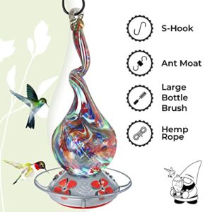 Gnarly Hummingbird Feeder by Grateful Gnome - Large Hand Blown Stained Glass Feeder for Garden, Patio, Outdoors, Window with Accessories S-Hook, Ant Moat, Brush - 16 fl oz, Gnarly Rainbow Design