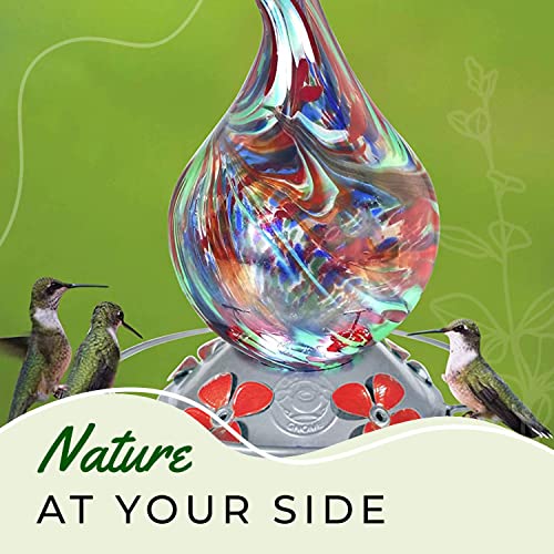 Gnarly Hummingbird Feeder by Grateful Gnome - Large Hand Blown Stained Glass Feeder for Garden, Patio, Outdoors, Window with Accessories S-Hook, Ant Moat, Brush - 16 fl oz, Gnarly Rainbow Design