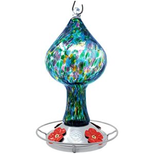 hummingbird feeder by grateful gnome - large hand blown stained glass feeder for garden, patio, outdoors, window with accessories s-hook, ant moat, brush - 26 fl oz, purple speckled mushroom