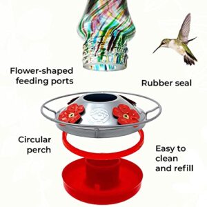 Hummingbird Feeder by Grateful Gnome - Large Hand Blown Stained Glass Feeder for Garden, Patio, Outdoors, Window with Accessories S-Hook, Ant Moat, Brush - 26 fl oz, Purple Speckled Mushroom
