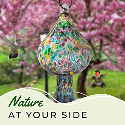 Hummingbird Feeder by Grateful Gnome - Large Hand Blown Stained Glass Feeder for Garden, Patio, Outdoors, Window with Accessories S-Hook, Ant Moat, Brush - 26 fl oz, Purple Speckled Mushroom