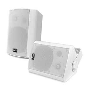 pyle wall mount home speaker system - active + passive pair wireless bluetooth compatible indoor / outdoor water-resistant weatherproof stereo sound speaker set with aux in - pdwr51btwt (white)