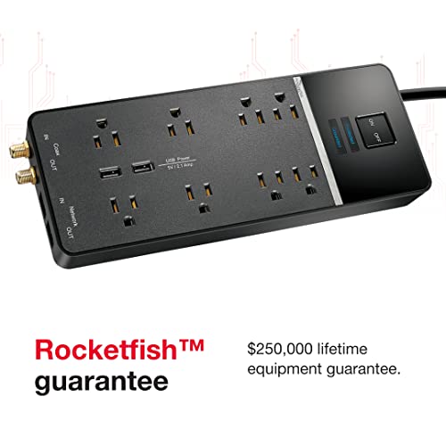 Rocketfish 8-Outlet/2-USB Wall Tap Surge Protector Strip - Provides Protection & Convenient Mobile Phone Charging - Black