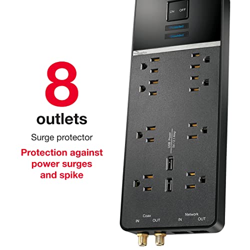 Rocketfish 8-Outlet/2-USB Wall Tap Surge Protector Strip - Provides Protection & Convenient Mobile Phone Charging - Black