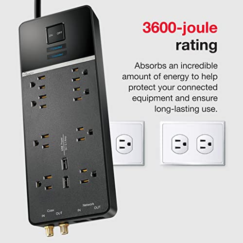 Rocketfish 8-Outlet/2-USB Wall Tap Surge Protector Strip - Provides Protection & Convenient Mobile Phone Charging - Black