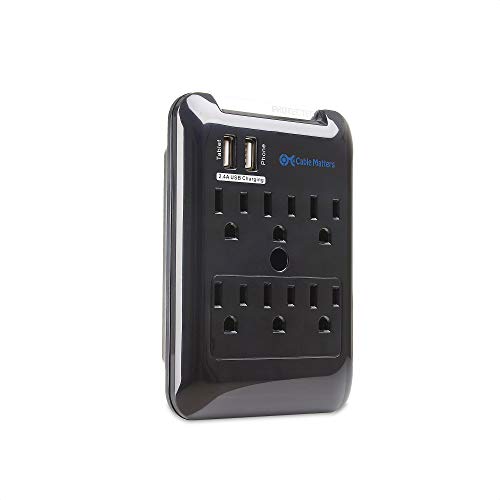 Cable Matters 6 Outlet Wall Mount Surge Protector with USB Charging in Black (Updated Version with Dimmed LED Light)