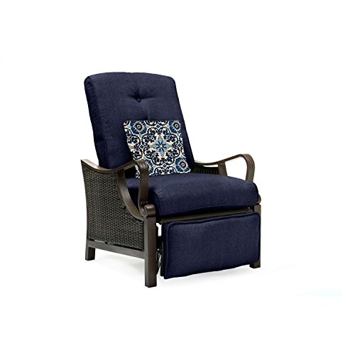 Hanover Ventura Modern Outdoor Wicker Reclining Lounge Chair with Thick Foam Weather-Resistant Navy Blue Cushions and Rust-Resistant Steel Frames, Luxury Furniture for Patio and Backyard