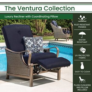 Hanover Ventura Modern Outdoor Wicker Reclining Lounge Chair with Thick Foam Weather-Resistant Navy Blue Cushions and Rust-Resistant Steel Frames, Luxury Furniture for Patio and Backyard