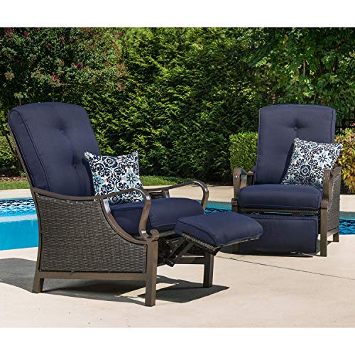 Hanover Ventura Modern Outdoor Wicker Reclining Lounge Chair with Thick Foam Weather-Resistant Navy Blue Cushions and Rust-Resistant Steel Frames, Luxury Furniture for Patio and Backyard