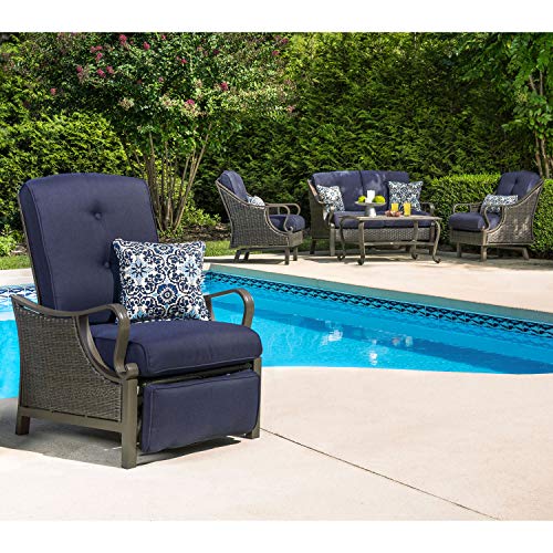 Hanover Ventura Modern Outdoor Wicker Reclining Lounge Chair with Thick Foam Weather-Resistant Navy Blue Cushions and Rust-Resistant Steel Frames, Luxury Furniture for Patio and Backyard