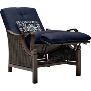 Hanover Ventura Modern Outdoor Wicker Reclining Lounge Chair with Thick Foam Weather-Resistant Navy Blue Cushions and Rust-Resistant Steel Frames, Luxury Furniture for Patio and Backyard