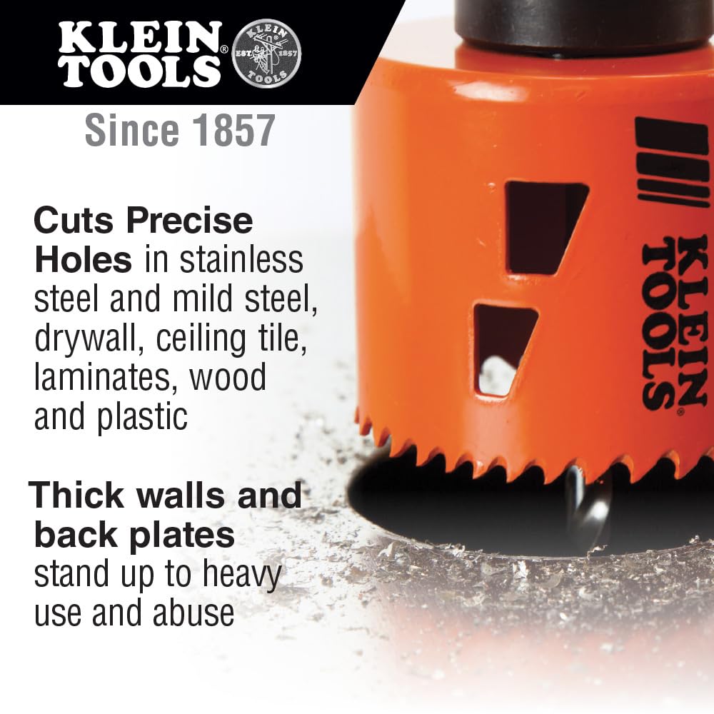 Klein Tools 31928 Bi-Metal Hole Saw, 1-3/4-Inch for Cutting Stainless Steel, Mild Steel, Drywall, Wood and Plastic, with Easy Slug Removal