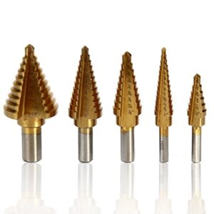 5 Pcs HSS Titanium Coated Step Drill Bits Set SAE Sizes Bits Shank 3/16" 1/4" 3/8"