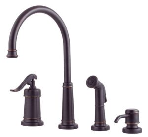 pfister ashfield kitchen faucet with side sprayer and soap dispenser, single handle, high arc, tuscan bronze finish, lg264ypy