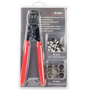 icrimp pex pipe clamp cinch tool crimping tool crimper for stainless steel clamps from 3/8-inch to 1-inch with 1/2-inch 20pcs and 3/4-inch 10pcs ss pex clamps
