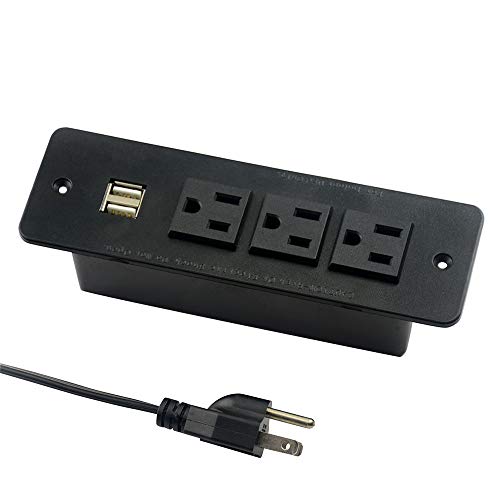 Conference Recessed Power Strip with USB 3 Outlets 1875W/12amp 2 USB Ports 2.1amp 10ft Power Cord Black