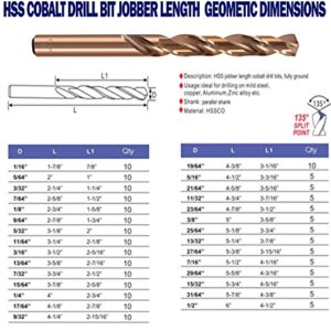 HSS Cobalt Drill Bits 1/4 in.x 4 in.Jobber Length M35 Twist Drill Steel Metal Iron-10Pcs