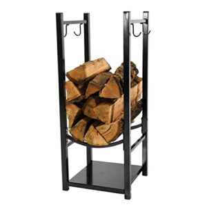 sunnydaze firewood log rack with tool holder hooks - indoor/outdoor durable powder-coated steel space-saving design - black