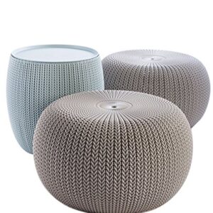 Keter Urban Knit Pouf Ottoman Set of 2 with Storage Table for Patio and Room Décor - Perfect for Balcony, Deck, and Outdoor Seating, Misty Blue & Taupe