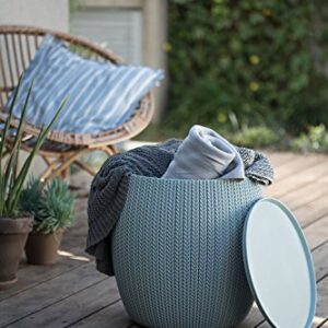 Keter Urban Knit Pouf Ottoman Set of 2 with Storage Table for Patio and Room Décor - Perfect for Balcony, Deck, and Outdoor Seating, Misty Blue & Taupe