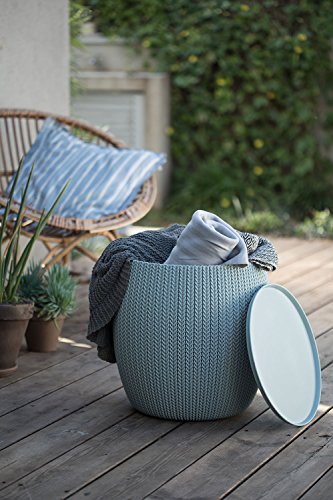 Keter Urban Knit Pouf Ottoman Set of 2 with Storage Table for Patio and Room Décor - Perfect for Balcony, Deck, and Outdoor Seating, Misty Blue & Taupe