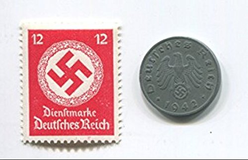 Rare Nazi Swastika 1 Reichspfennig German Coin World War 2 WW2 with Scarce Swastika Stamp(Random Color and Value) MNH