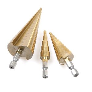 preamer 3 pcs hex shank hss titanium coated step drill bits set for diy woodworking tool,4-/12/20/32mm
